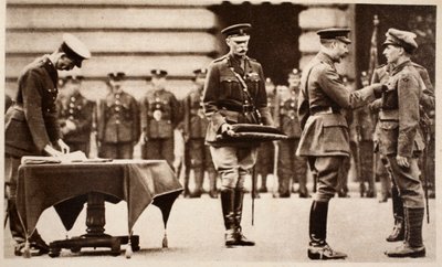 King George V awarding the Victoria Cross to Private Wilfred Edwards, Kings Own Yorkshire Light Infantry, 1914-1918 by English Photographer